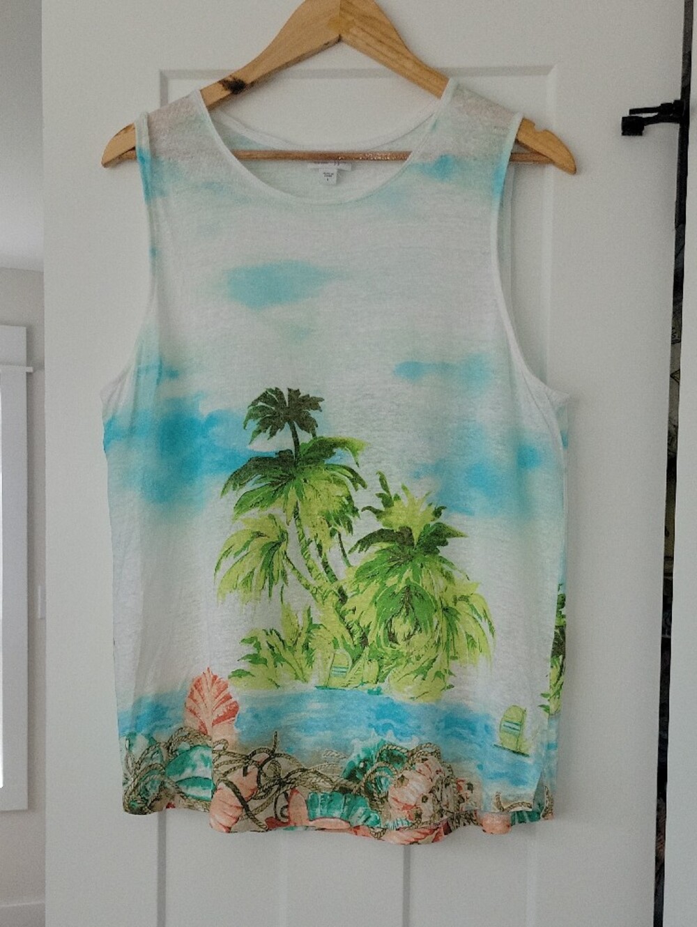 J. Jill Knit Linen White Tank Top with Green & Aqua Palm Print